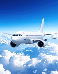 Obraz premium Gleaming white airplane soaring high above fluffy white clouds in a bright blue sky, embodying travel and limitless possibilities