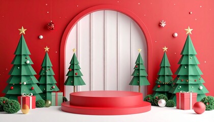 Christmas scene with trees, gifts, and a red platform against a red and white background.