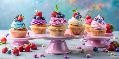 Delightful pastel cupcakes adorned with fresh berries, arranged on elegant pink cake stands, creating a charming and appetizing dessert display