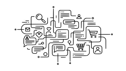 Abstract network of communication and ecommerce icons isolated on white background