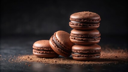 A delectable stack of three chocolate macarons sits atop two more, all dusted with cocoa powder on a dark surface.