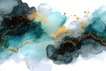 Teal and Gold Abstract Watercolor Painting