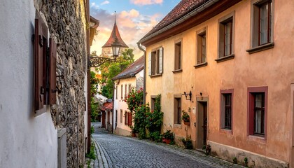 Fototapeta premium Charming European alleyway at sunset