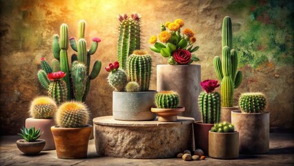 Desert Bloom A Collection of Succulents and Cacti in Earthy Tones, Bathed in Warm Sunlight