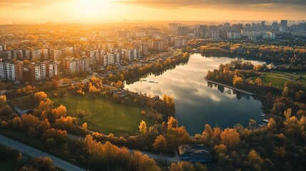 Fototapeta premium Autumnal city park, tranquil lake, golden hour