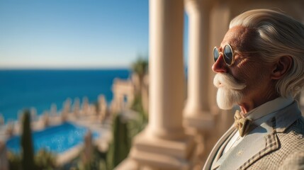A successful investor overlooking a serene beach from the balcony of a luxury villa, a portrait of wealth and leisure.