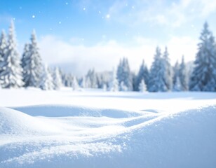 A bright winter landscape with snow-covered field, pine trees in the background, and a blue sky with sparkling snow
