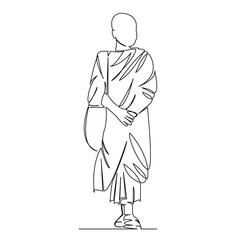 One continuous single drawing line art doodle buddhism, buddhist, monk, boy, religion, buddha, asian, monastery. Isolated flat illustration hand draw contour on a white background
