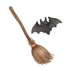 Watercolor Witch Broomstick and Bat