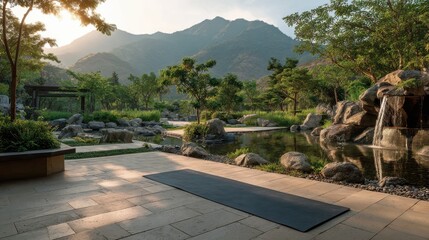 Tranquil Yoga Space Sunrise over Mountain Landscape
