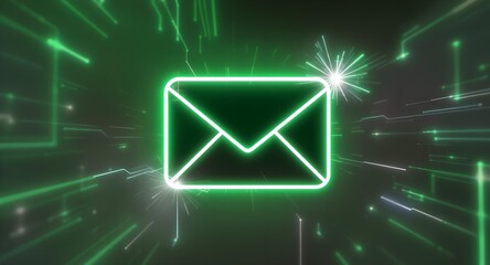 Glowing Green Neon Email Icon in Digital Cyberspace Tunnel.