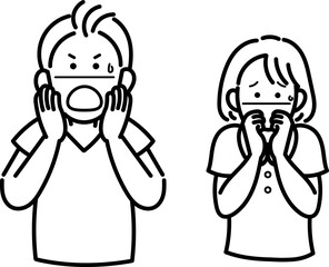 驚き、困惑する医師と看護師のカットイラスト　線画のみ