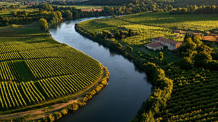 River flowing through vineyards and farmhouses agriculture