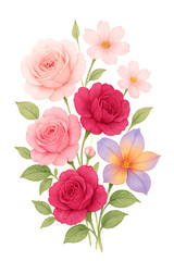 Beautiful Watercolor Floral Arrangement with Roses and Other Flowers.