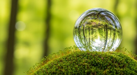 A crystal ball sits atop moss, reflecting a forest scene with trees and sunlight.