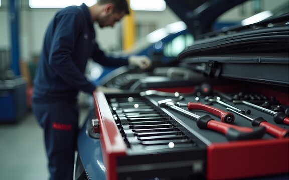 Selective focus on mechanic's toolbox with tools in drawer with auto-mechanic fixing car in blurry background at workshop. High quality