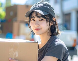 荷物運びを手伝う女性の真剣な眼差し