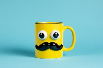 Cute yellow coffee mug with googly eyes and mustache adds humor to a morning drink routine