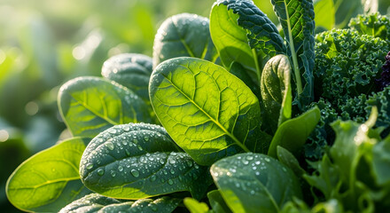 Fresh green spinach and kale leaves with water drops in the garden