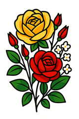 Beautiful Red and Yellow Roses with Buds and Leaves.