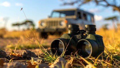 Awaiting the next wildlife sighting, binoculars rest on the sun-drenched ground during an exciting African safari