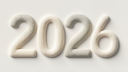 Cozy knitted numbers arranged to display the year 2026, crafted within soft neutral tones upon the light background, creating a warm and textured decorative design element