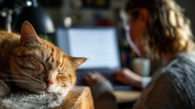 freelancer woman working from home on laptop with coffee while ginger cat sleeps peacefully on desk showing cozy remote work lifestyle and companionship in modern workspace