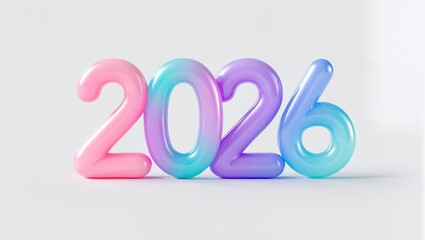 Vibrant balloon-like numbers forming 2026 displayed against the clean white background, featuring glossy pastel gradients within pink, blue, and purple featuring a playful festive mood
