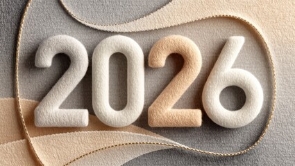Plush fabric styled 2026 digits displayed upon the textured surface featuring soft gradient tones and golden cord accents, creating a cozy and modern celebratory atmosphere