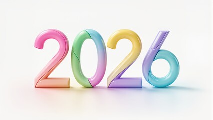 Glossy 3D numbers forming 2026 within bright pastel colors displayed upon the clean white background, creating a modern and festive look featuring smooth reflective surfaces