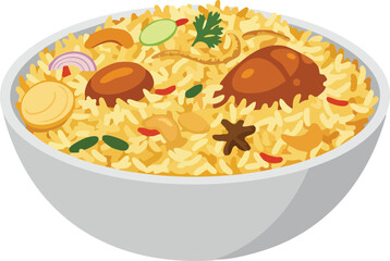 A bowl of flavorful chicken biryani, showcasing a mix of rice, chicken, vegetables, and spices. © FOOD