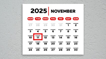The date November 11th marked with a red cursor on the wall calendar 2025