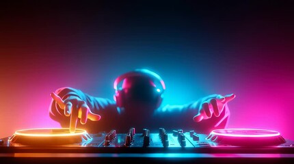 DJ headphones turntable neon club music party nightlife energetic hands raised glowing pink blue lighting dynamic atmosphere