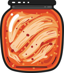 A stylized vector illustration of a glass jar filled with spicy red Korean fermented napa cabbage kimchi.