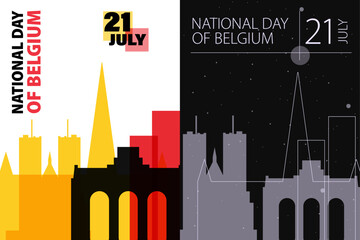 Belgium National Day poster pack. Vector illustrations with Brussels city skyline and landmarks shape for holiday card, print, event, brochure. Modern template