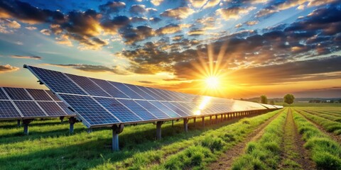 Golden Hour Solar Farm Rows of photovoltaic panels harnessing the radiant sunset energy in a serene field