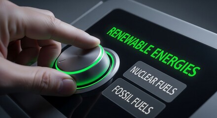 A hand adjusts a control panel, highlighting renewable energies over fossil fuels and nuclear options.