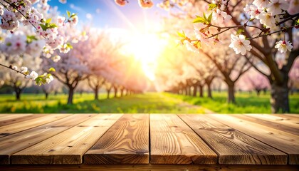 Serene spring landscape with a rustic wooden table in the foreground overlooking a sunlit orchard of blossoming cherry trees