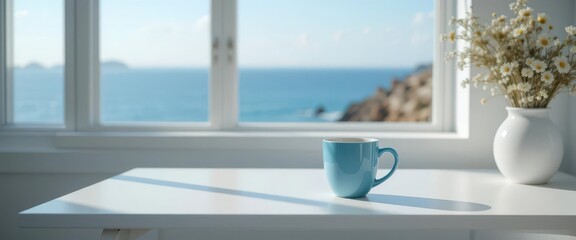 Bright Minimalist Workspace with Blue Coffee Mug Overlooking the Ocean.