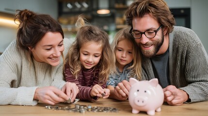 Joyful family with two children saving money together using a piggy bank, smiling while organizing coins on a table at home