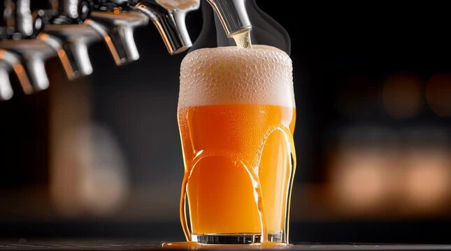 Freshly poured hazy IPA beer with frothy foam head in clear pint glass under metal taps showcasing amber beer bubbles condensation