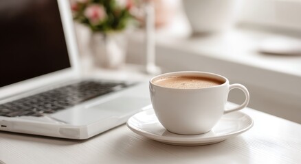 White Coffee Cup and Laptop on White Table