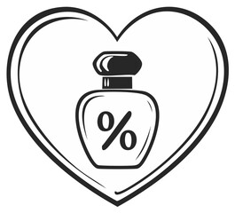Obraz premium Perfume bottle with a percentage discount symbol inside a heart frame line art icon for beauty sales