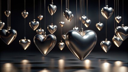 Fototapeta premium A cascade of lustrous metallic hearts gracefully suspended, symbolizing affection and romantic sentiments.
