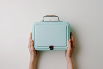 Faceless hands holding small suitcase handle, clean white background, travel concept mockup.