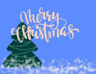 merry christmas lettering Festive Christmas greeting card illustration featuring hand-lettered "Merry Christmas" text in green calligraphy, a modern stylized Christmas tree decorated with ornaments, 