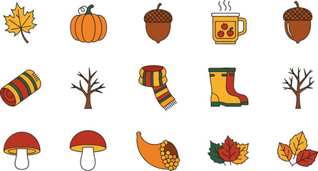 Charming collection of colorful autumn icons for seasonal design
