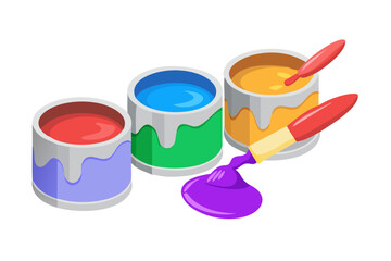 Three open paint cans with red, blue, and yellow paint, and brushes