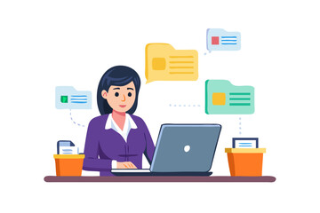 Woman working on a laptop with folders and documents