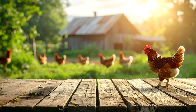 A brown hen stands on a wooden deck with a blurred view of a free-range poultry farm and barn during a misty sunrise